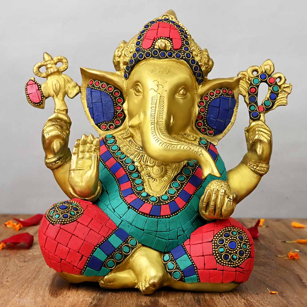 Divya Ganesh Brass Idol with Colourful Stone Work
