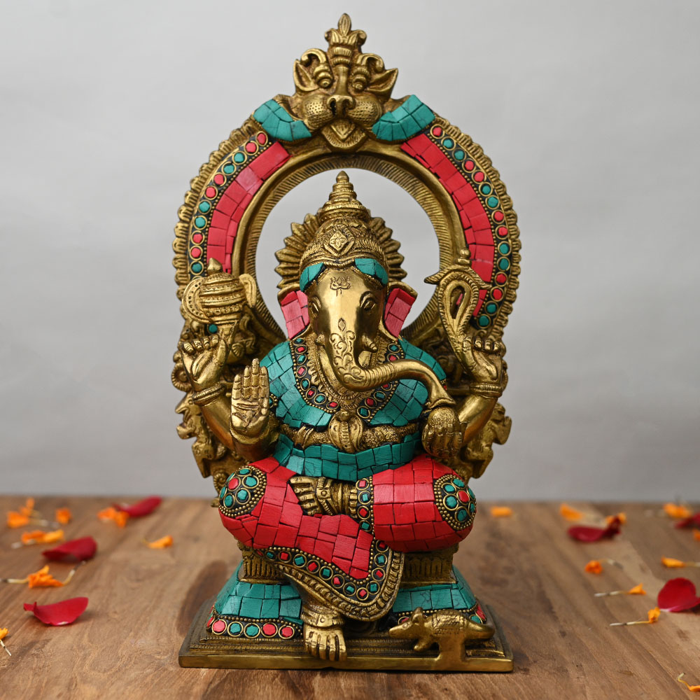 Prabhavali Arch Mahaganapati Brass Idol with Stone Work