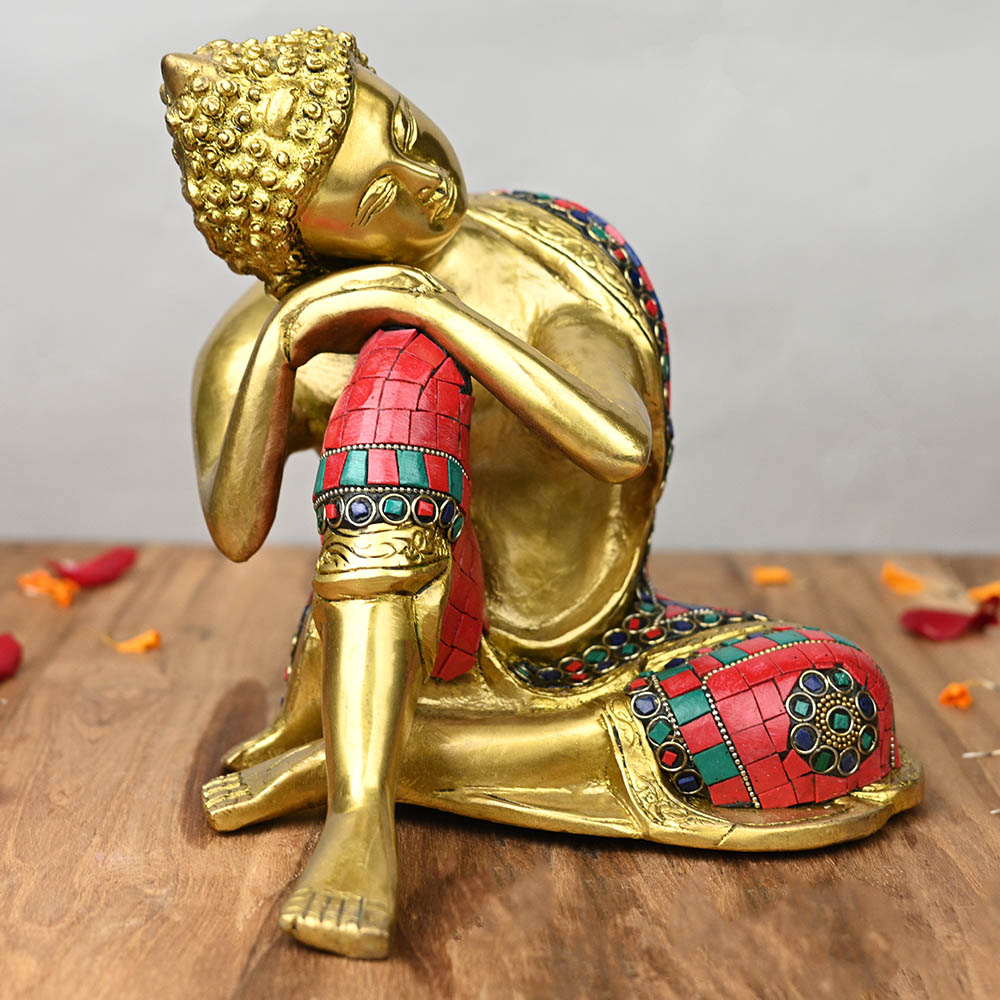 Sitting Buddha Brass Statue with Decorative Stone Work