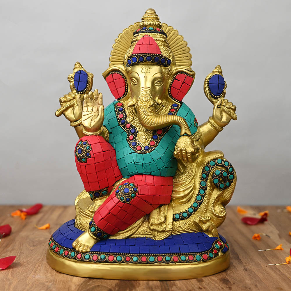 Blessing Ganesh Brass Idol with Vibrant Stone Work