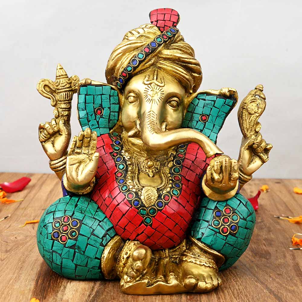 Turban Ganesha with Multicolour Stone Work Brass Murti