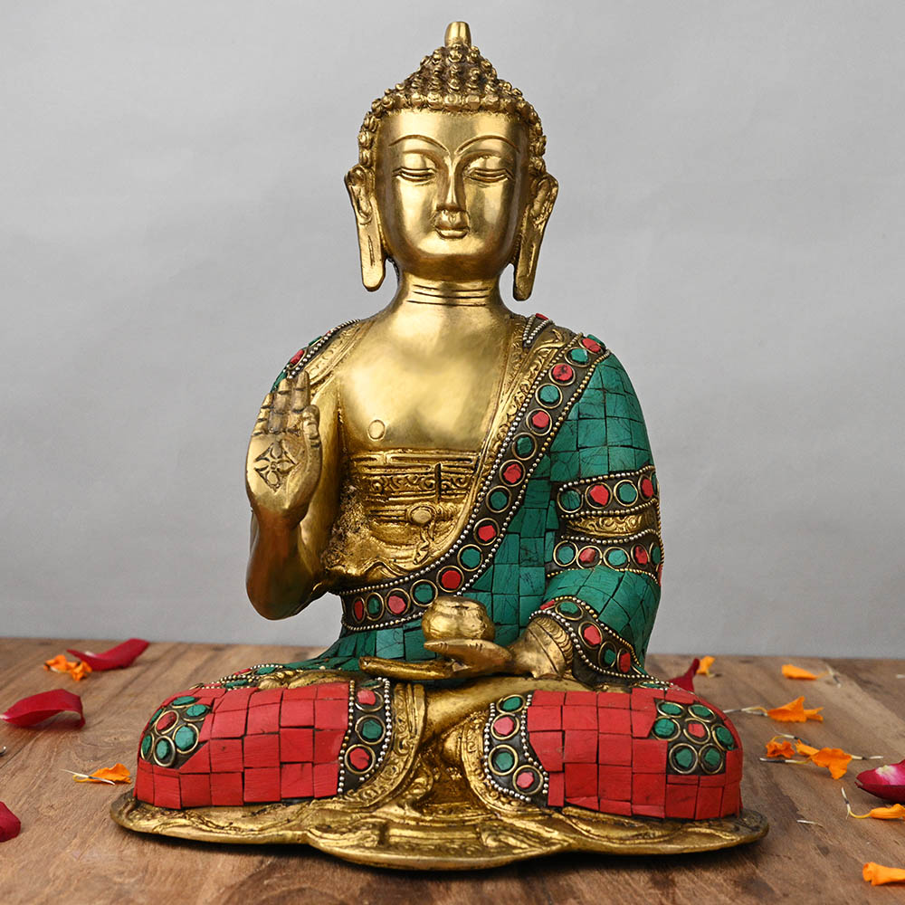 Meditating Buddha Brass Idol with Decorative Stone Work