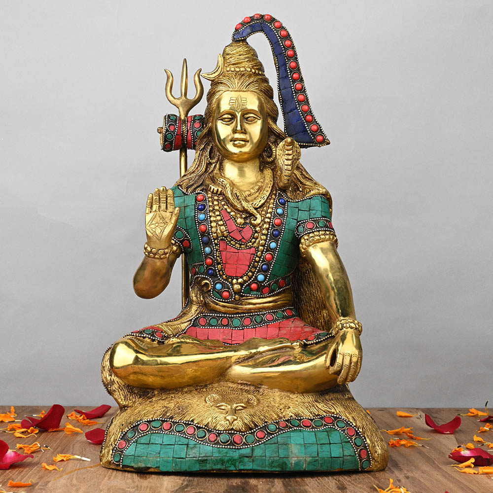 Meditating Shiva Brass Idol with Stonework