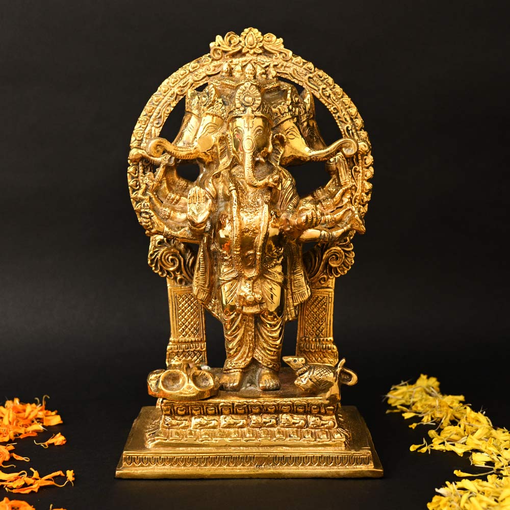 Panchmukhi Ganesh Standing with Arch Brass Idol