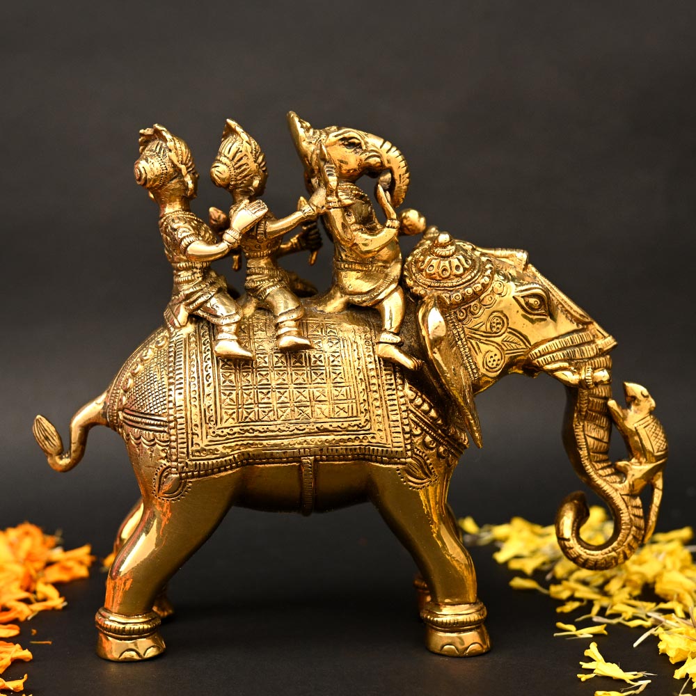 Riddhi Siddhi Ganesh Sitting on Elephant Brass Idol