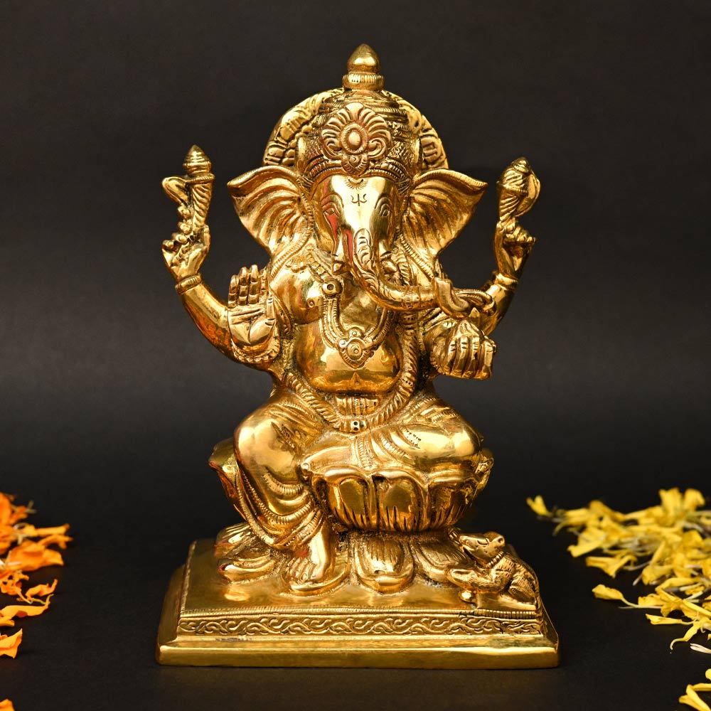 Lord Ganesh Seated on Lotus Brass Idol