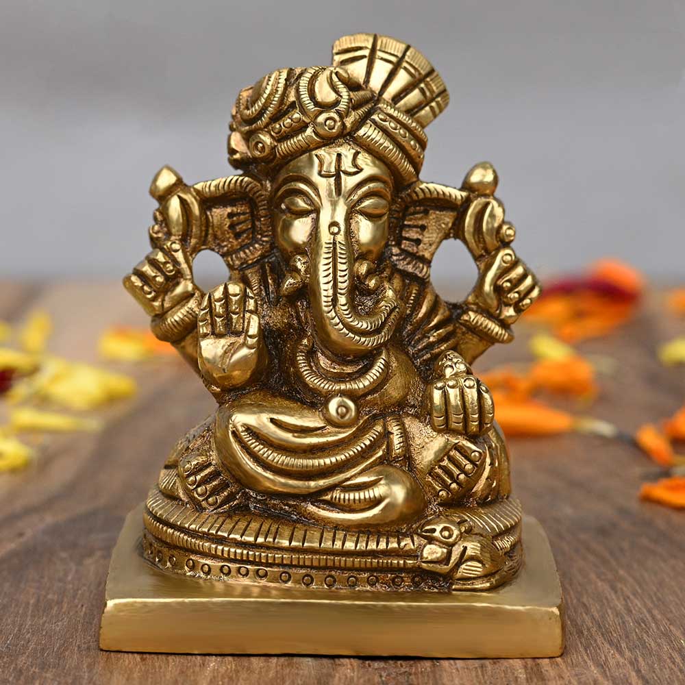 Bejeweled Pagadi Ganesha Brass Murti