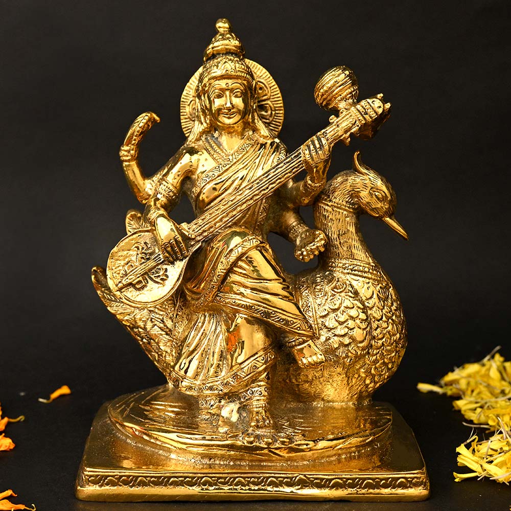 Saraswati Devi Brass Murti on Swan
