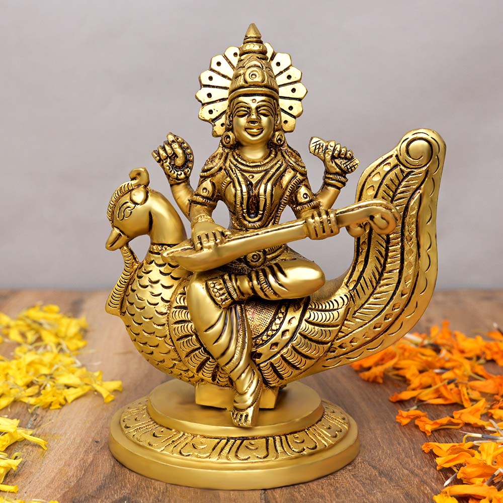 Goddess Saraswati with Veena on Peacock Superfine Brass Idol