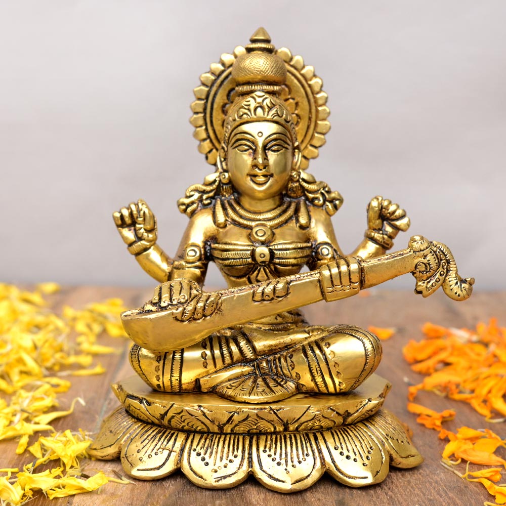 Goddess Saraswati with Veena on Lotus Superfine Brass Idol