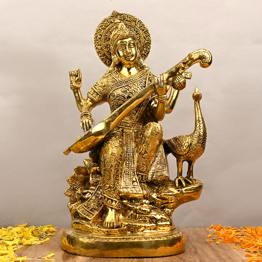 Goddess Saraswati Playing Veena Brass Murti
