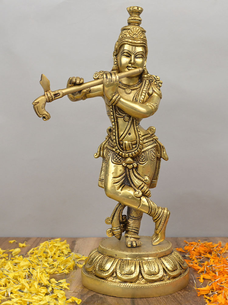 Bhagwan Krishna Playing Flute Superfine Brass Idol