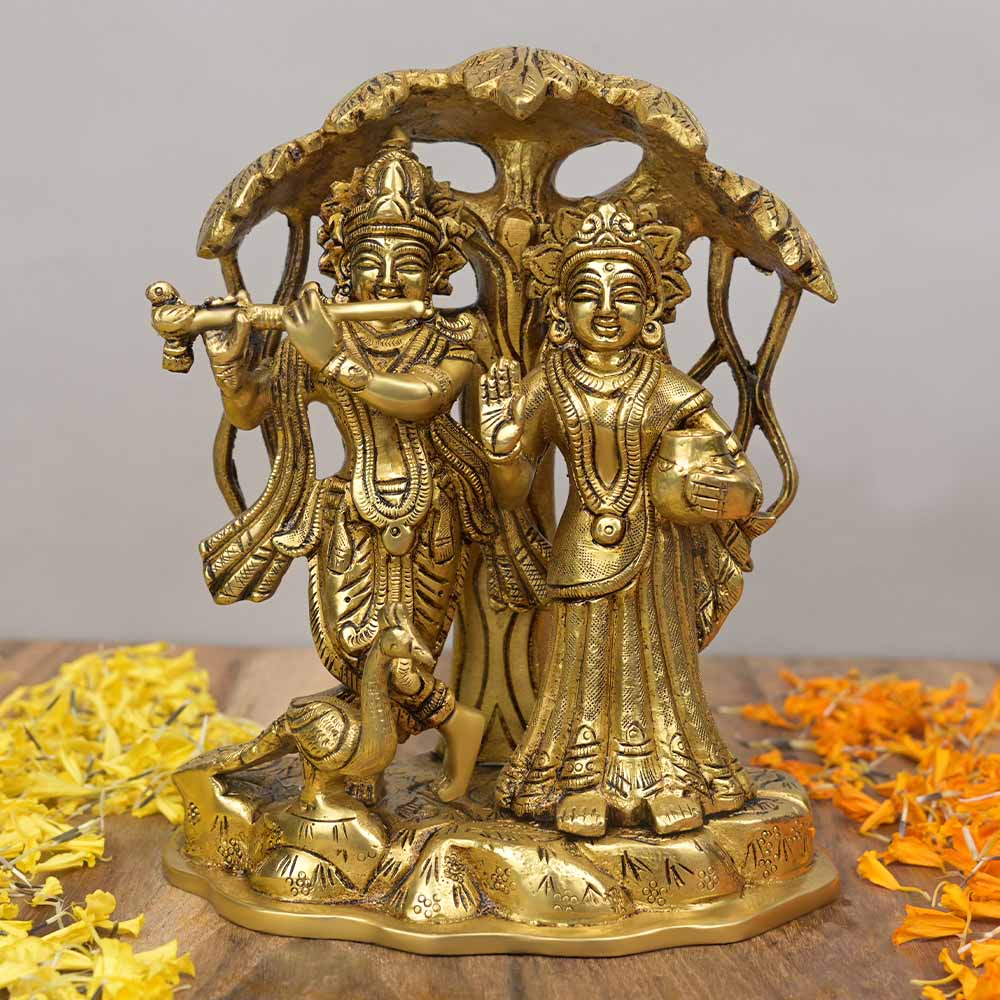 Radha Krishna Under Kadamba Tree With Peacock Brass Idol