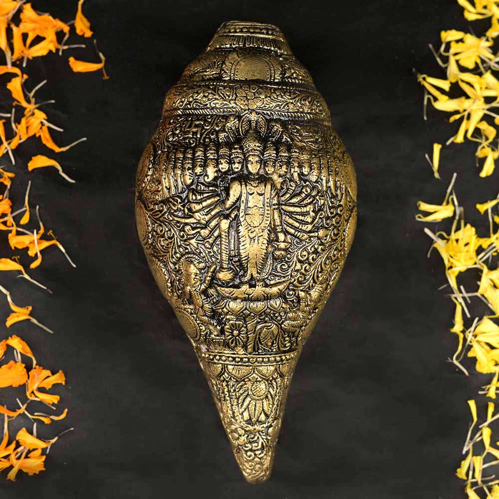 Blowing Brass Shankh With Viraat Vishwarup Vishnu Engraving