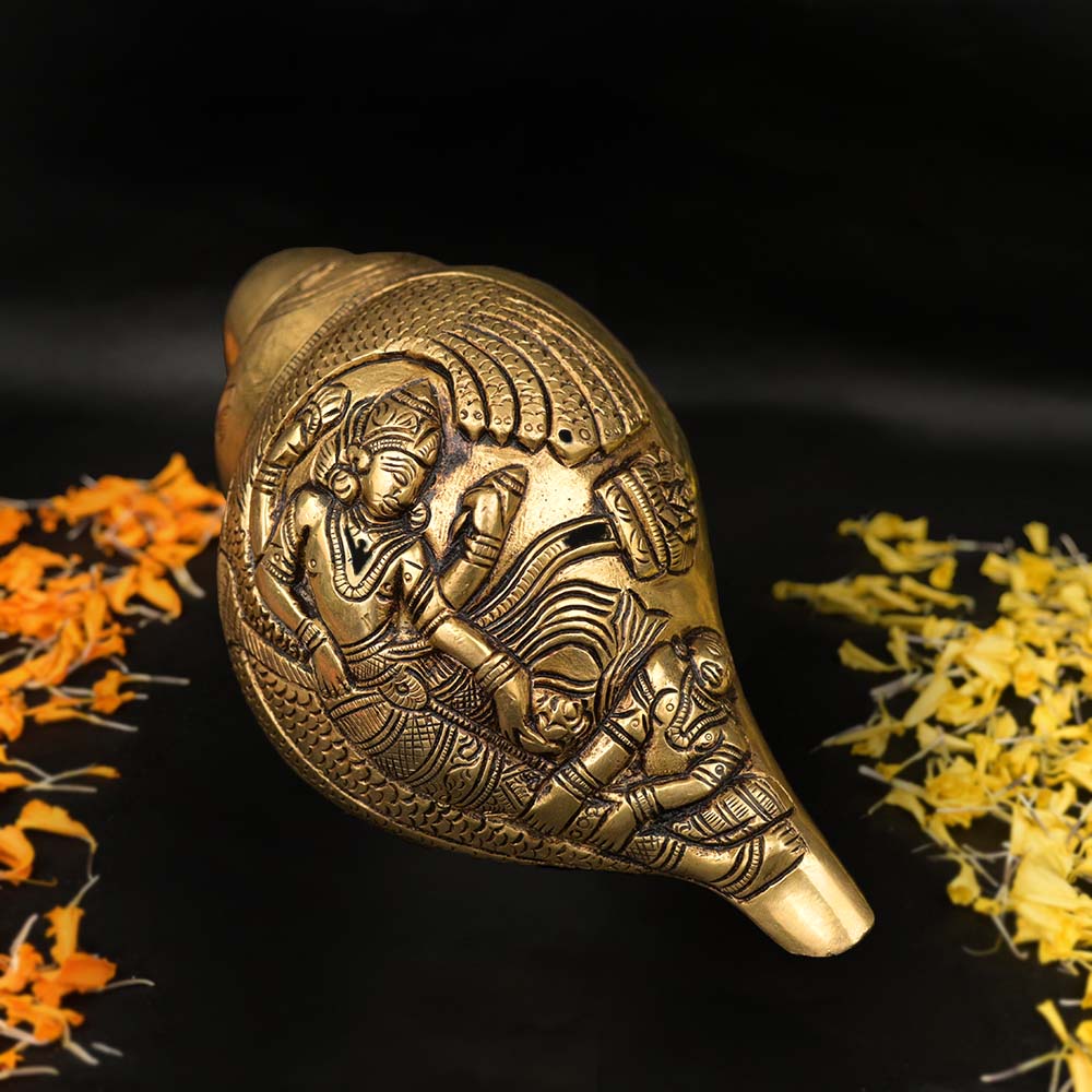 Blowing Brass Shankh With Padmanabha Anant Vishnu & Mor Engraving
