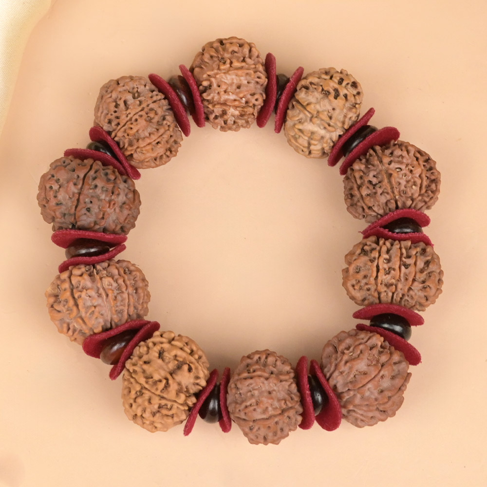 13 Mukhi Nepali Rudraksha x Red Sandal & Woolen Spacers Bracelet