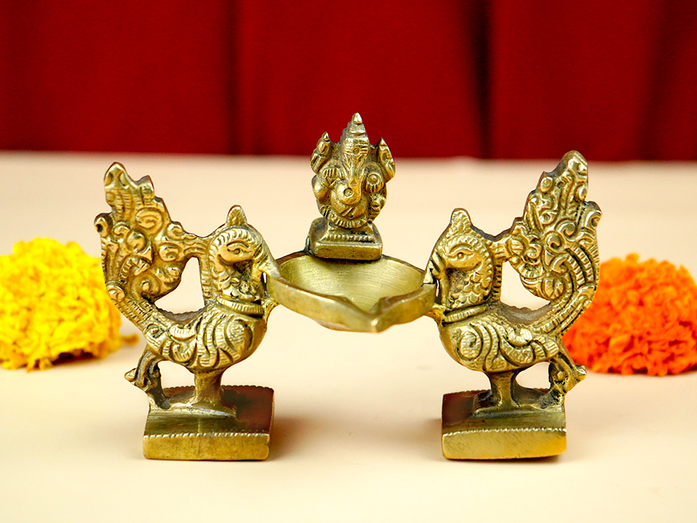 Brass Twin Peacock Ganesh Diya