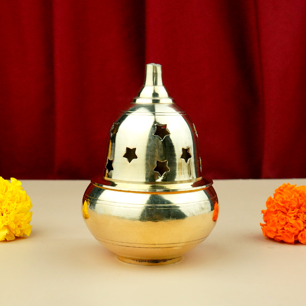 Brass Apple Shape Diya with Star Pattern Cover