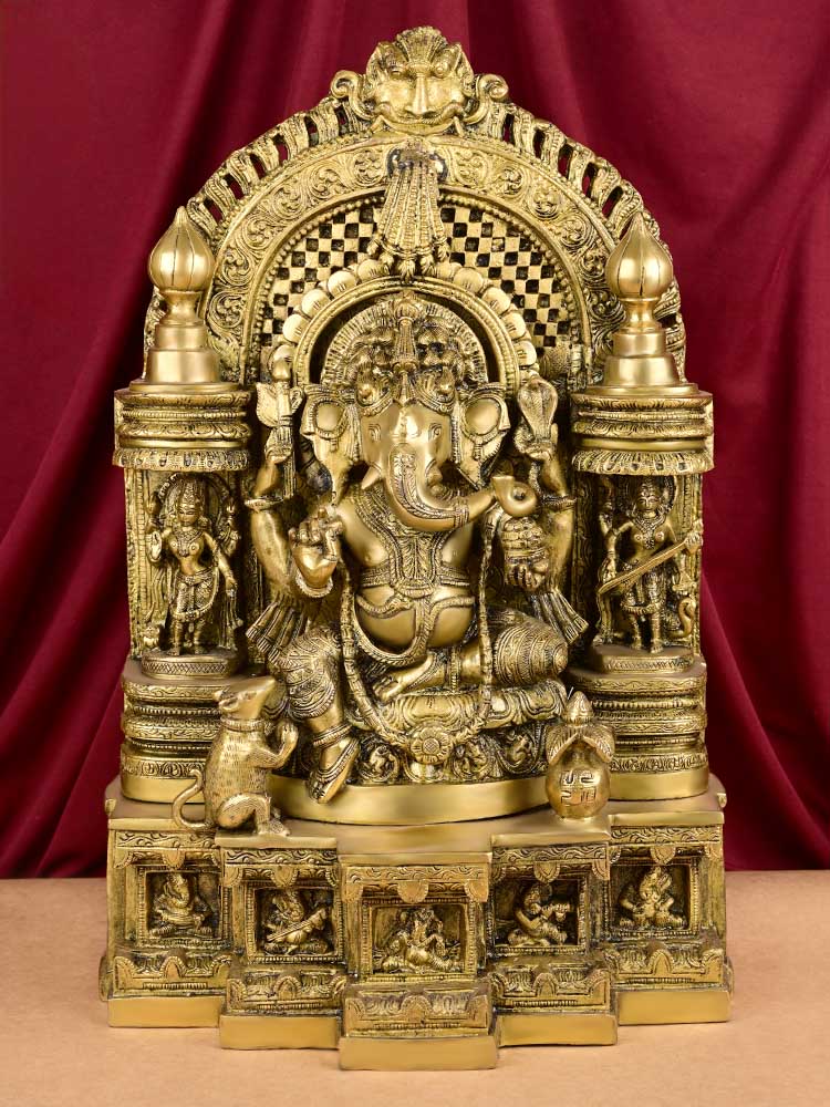 Exquisite Riddhi Siddhi Ganesh with Prabhavali Throne Arch Brass Idol