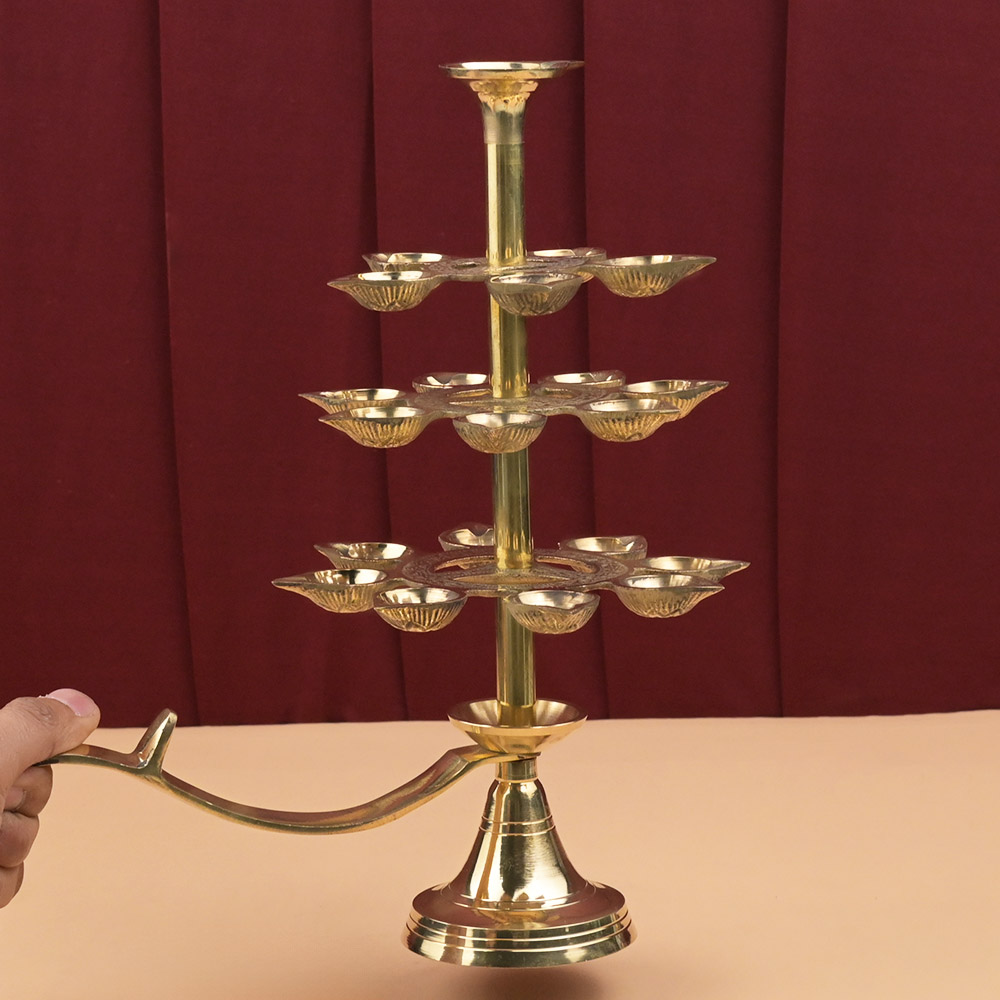 4 Tier Brass Ganga Aarti 21 Diyas Lamp with Handle