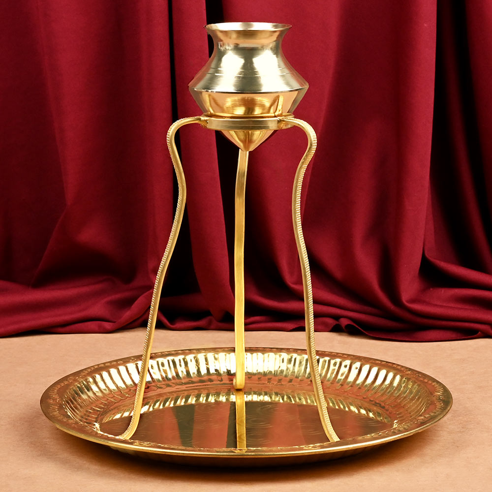 Buy Brass Abhishek Set with Kalash Tri-Stand & Plate from Rudra Centre (Rudraksha Ratna) at reasonable prices.