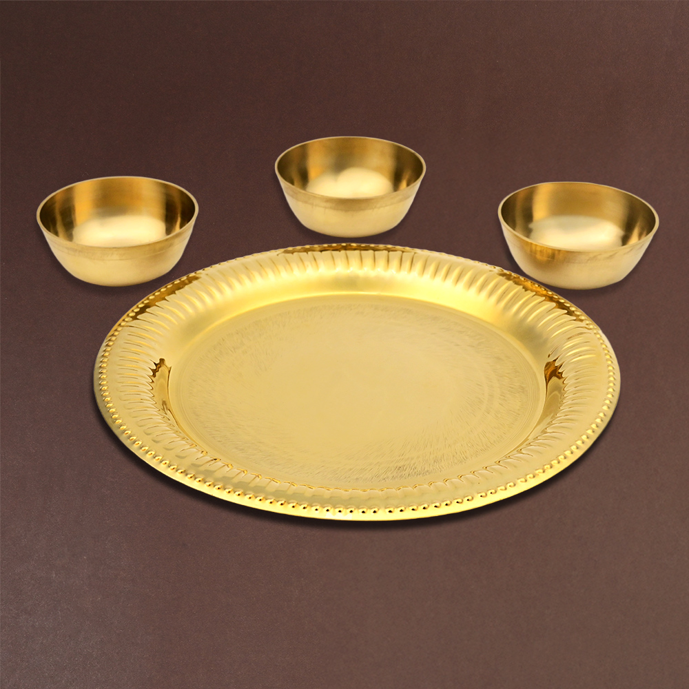 Buy Brass Puja Thali with 3 Kankavati Bowls from Rudra Centre (Rudraksha Ratna) at reasonable prices.