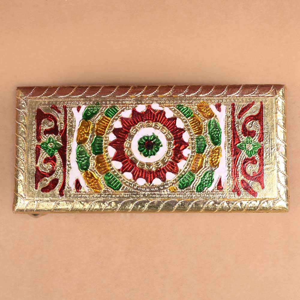 Wooden Meenakari Rectangular Puja Chowki - 7.5 x 4 inches