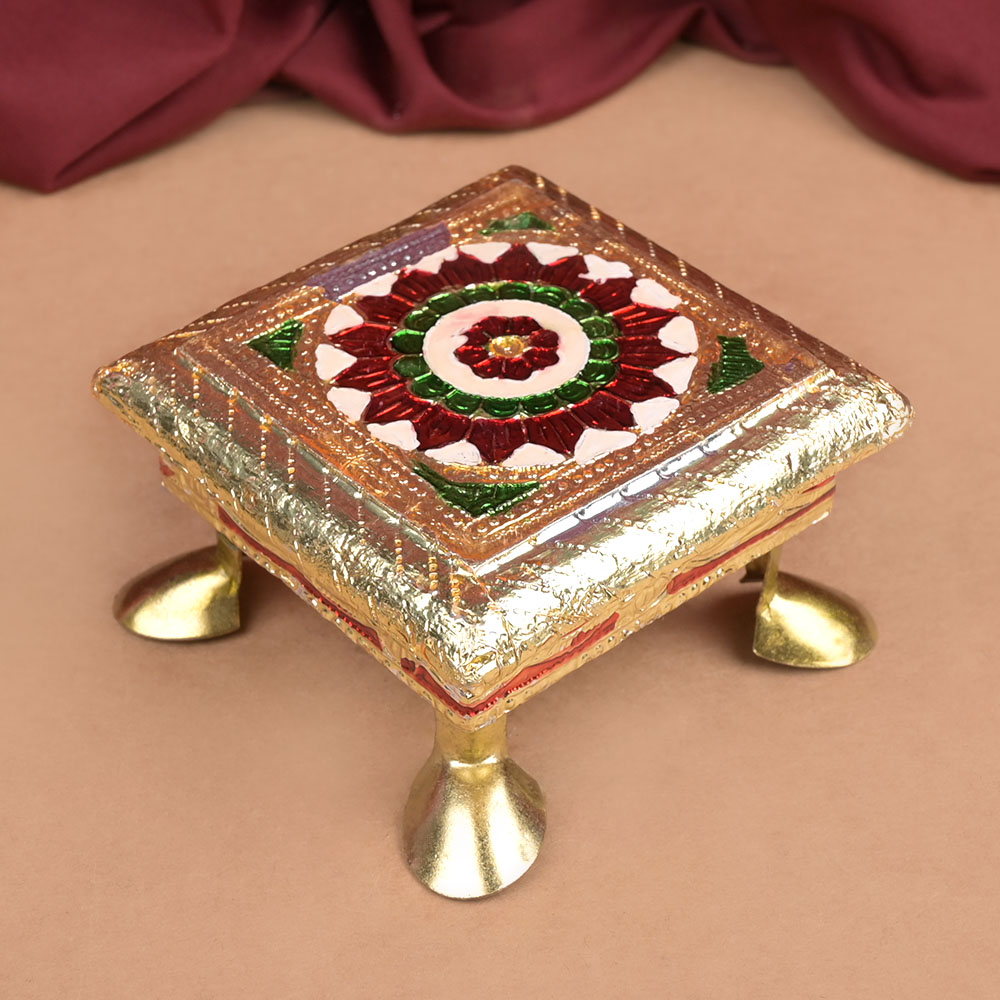 Wooden Meenakari Puja Chowki - 3.75 x 3.75 inches