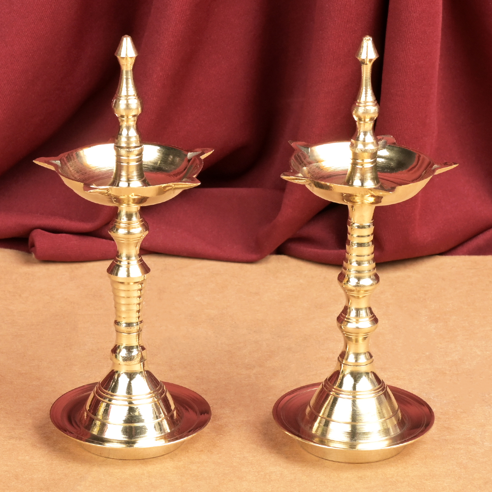 Buy Traditional Brass Samai Standing Oil Lamp - Set of 2 from Rudra Centre (Rudraksha Ratna) at reasonable prices.