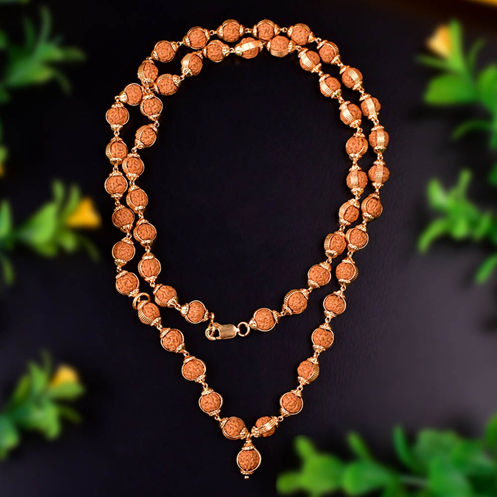 Rudraksha Chikna Guru Beads Mala with Designer Gold 22K Caps
