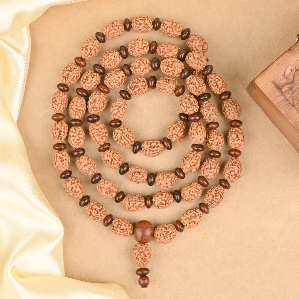 4 Mukhi & Red Sandal Eliptical Beads Mala