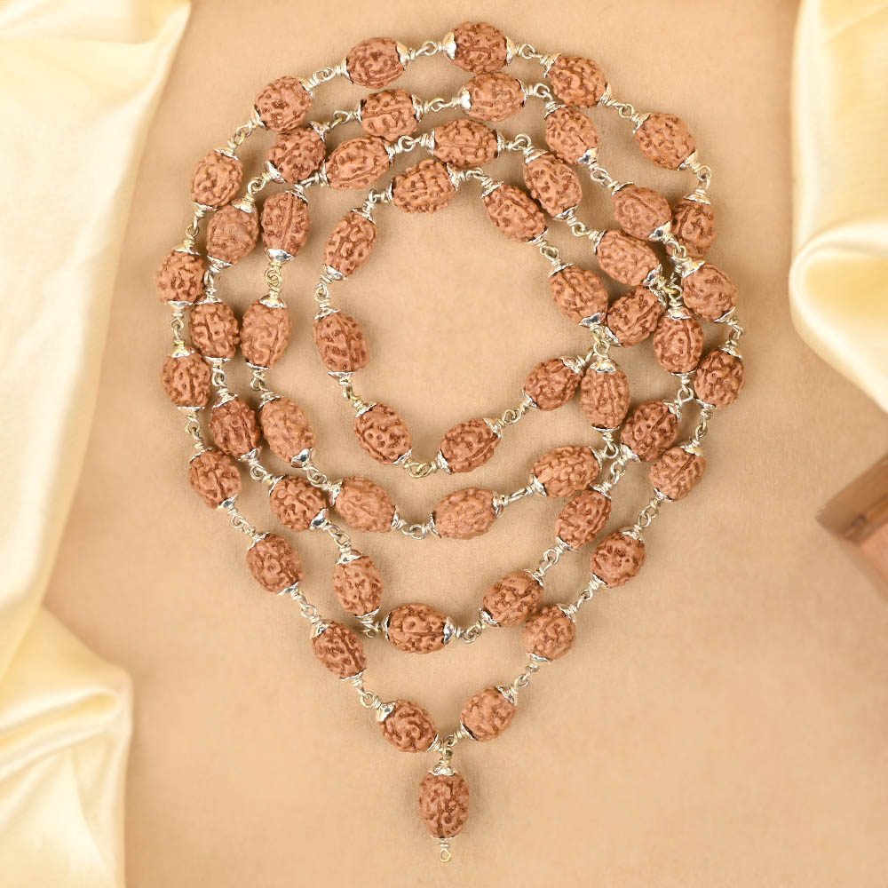 3 Mukhi Rudraksha Silver Flower Caps Mala