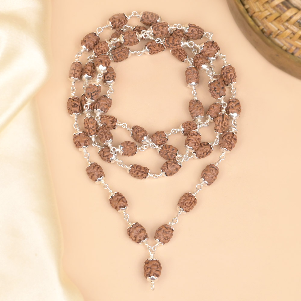 2 Mukhi Rudraksha Silver Flower Caps Mala