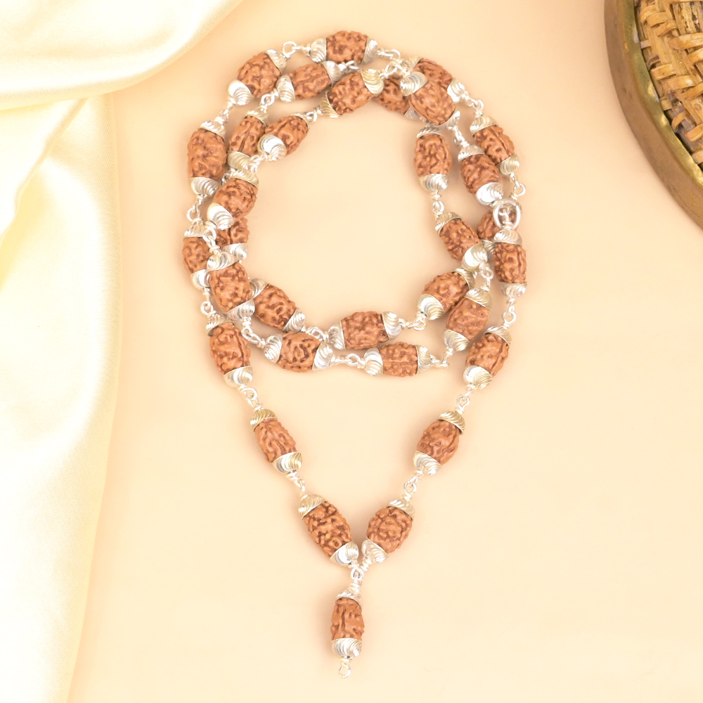 2 Mukhi Rudraksha Silver Designer Caps Mala