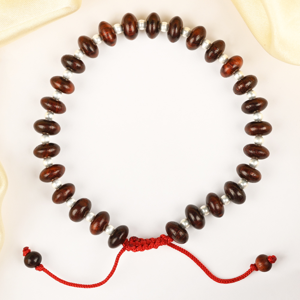Red Sandalwood Elliptical Silver Balls Adjustable Bracelet