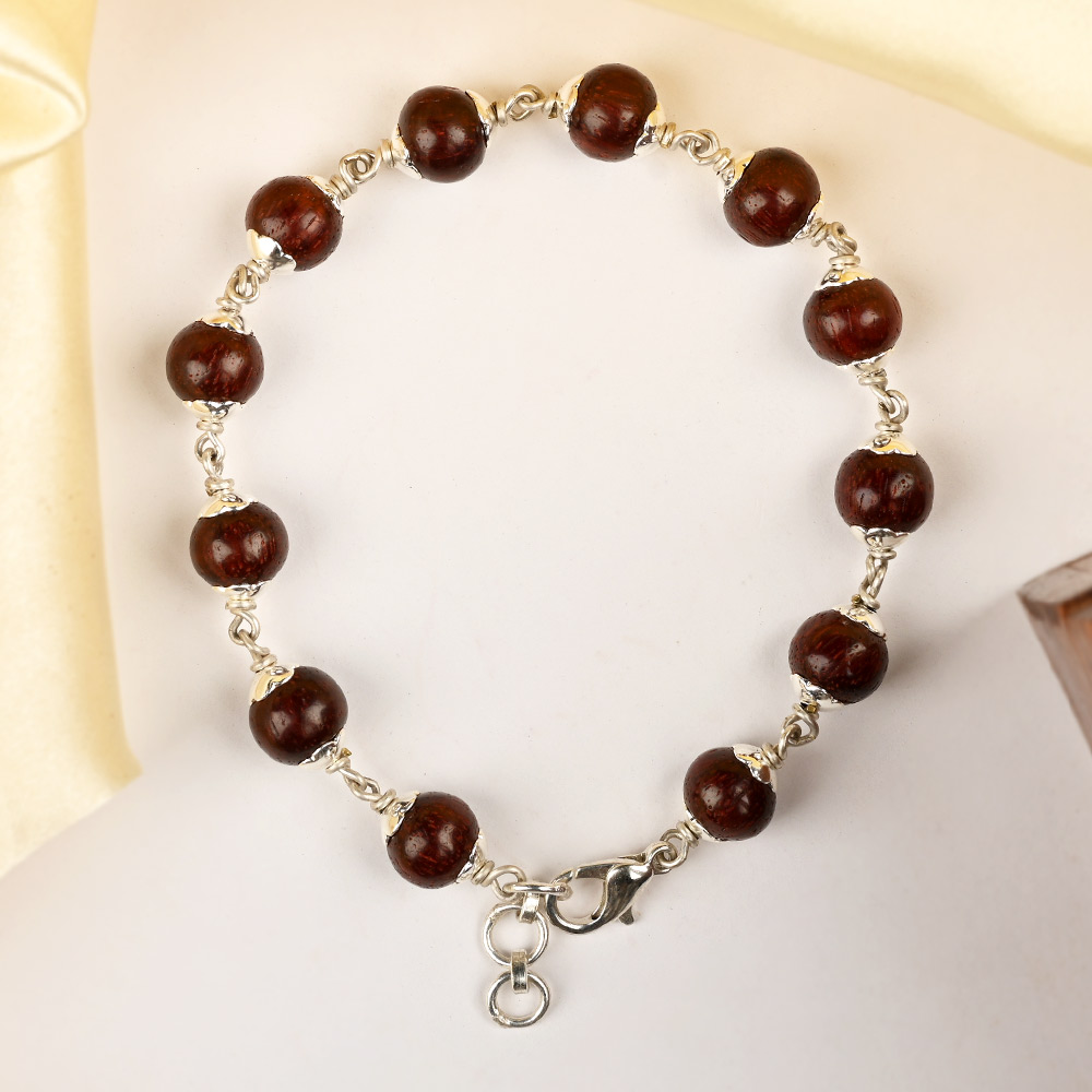 Red Sandalwood Silver Flower Caps Bracelet