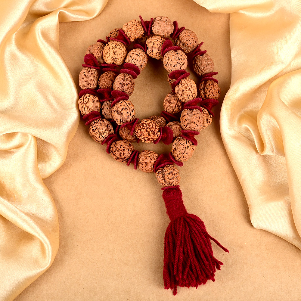 3 Mukhi Nepal Rudraksha Woolen Spacer Kantha Mala