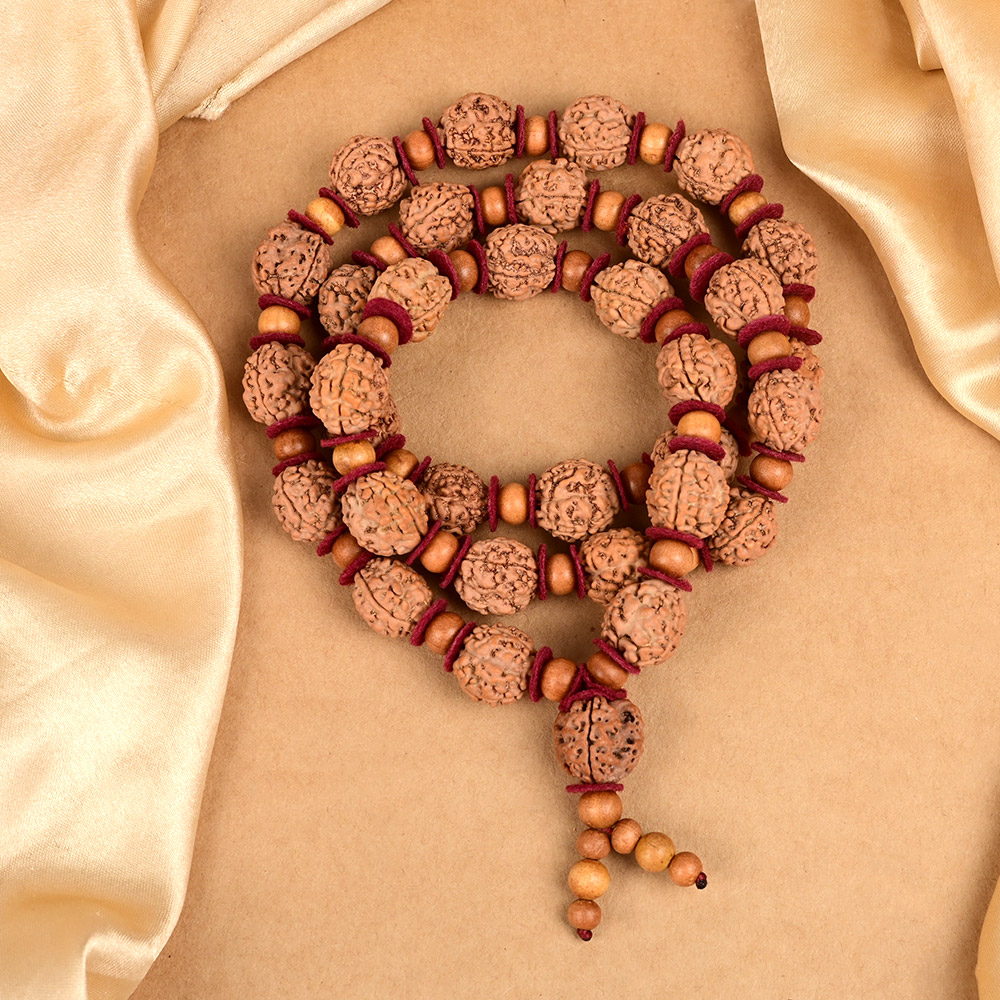3 Mukhi Nepal Rudraksha x Sandalwood & Woolen Spacer Mala