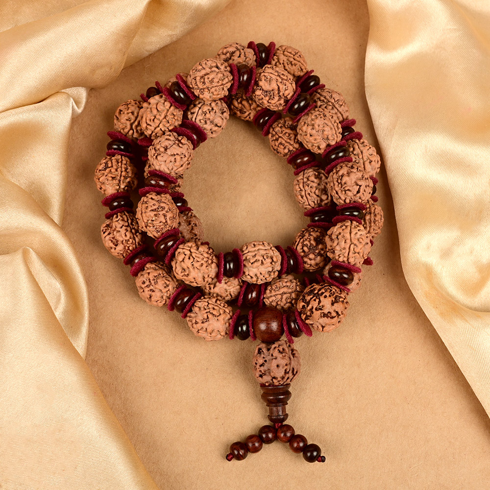 3 Mukhi Nepal Rudraksha x Red Sandalwood & Woolen Spacer Mala