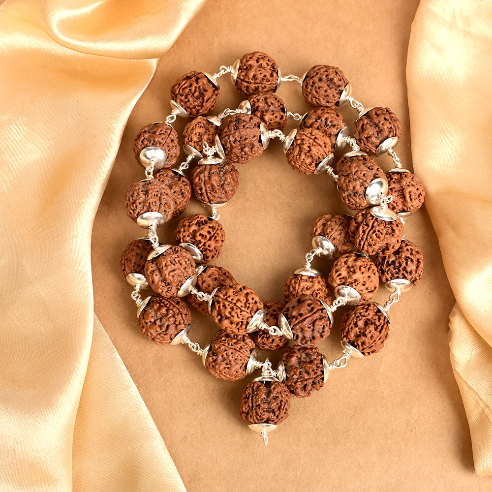 4 Mukhi Nepal Rudraksha 925 Silver Plain Caps Mala