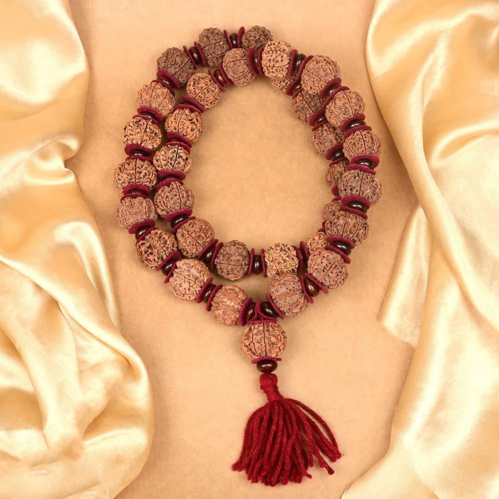 9 Mukhi Nepali Rudraksha Woolen & Red Sandal Spacers Kantha Mala