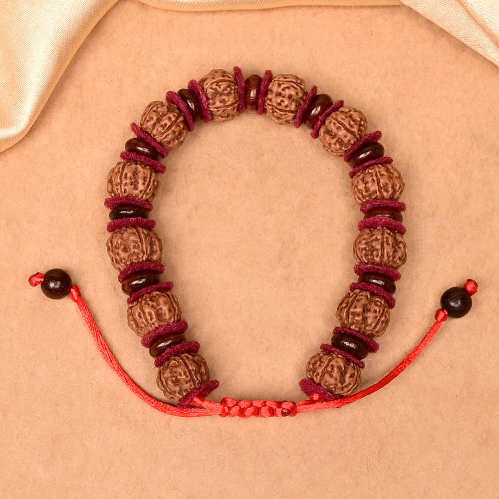 Premium 5 Mukhi Rudraksha x Red Sandalwood Woolen Spacers Bracelet