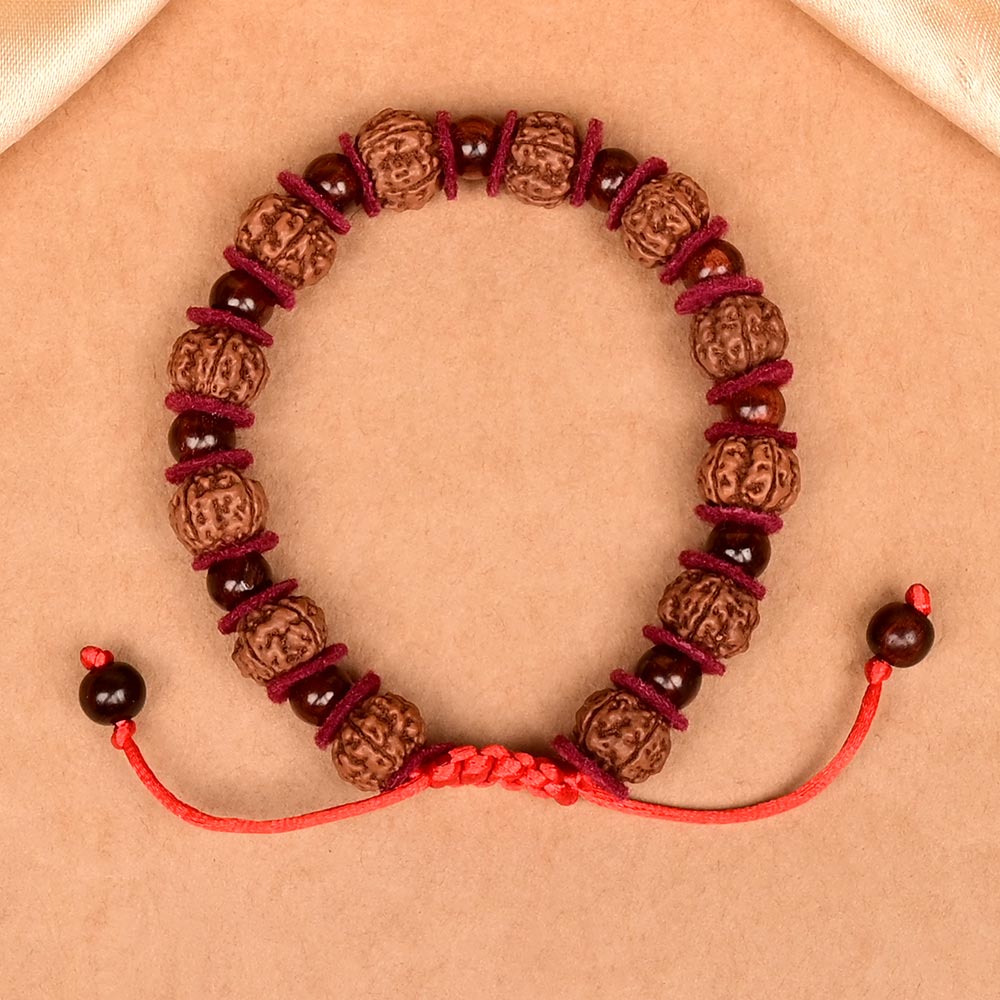 Red Sandalwood x Premium 5 Mukhi Rudraksha Woolen Spacer Bracelet