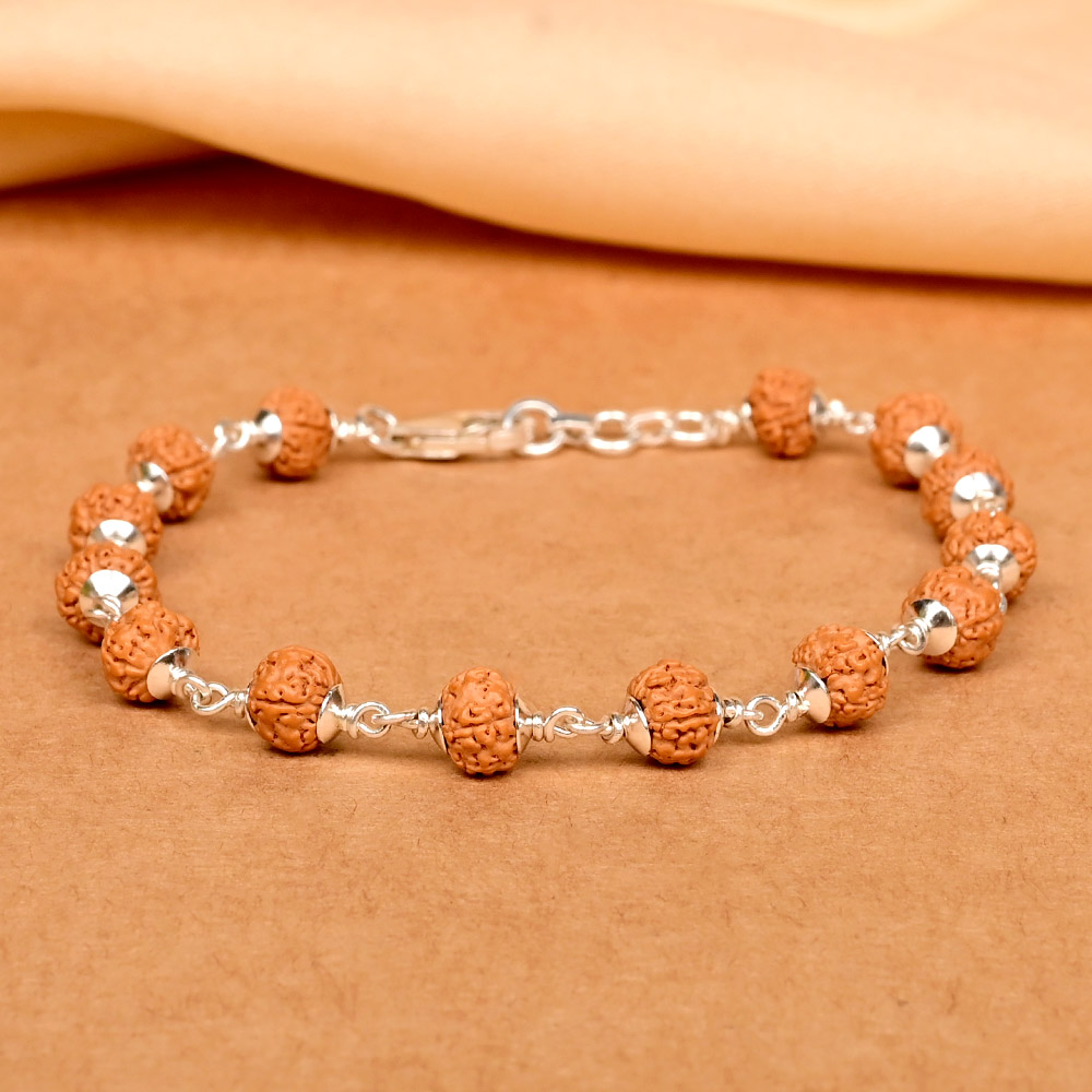 Premium 5 Mukhi Rudraksha 925 Silver Plain Caps Bracelet