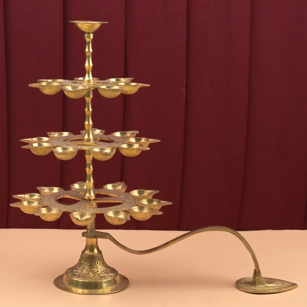 3 Tier Brass Ganga Aarti Lamp (27 Diyas) with Handle