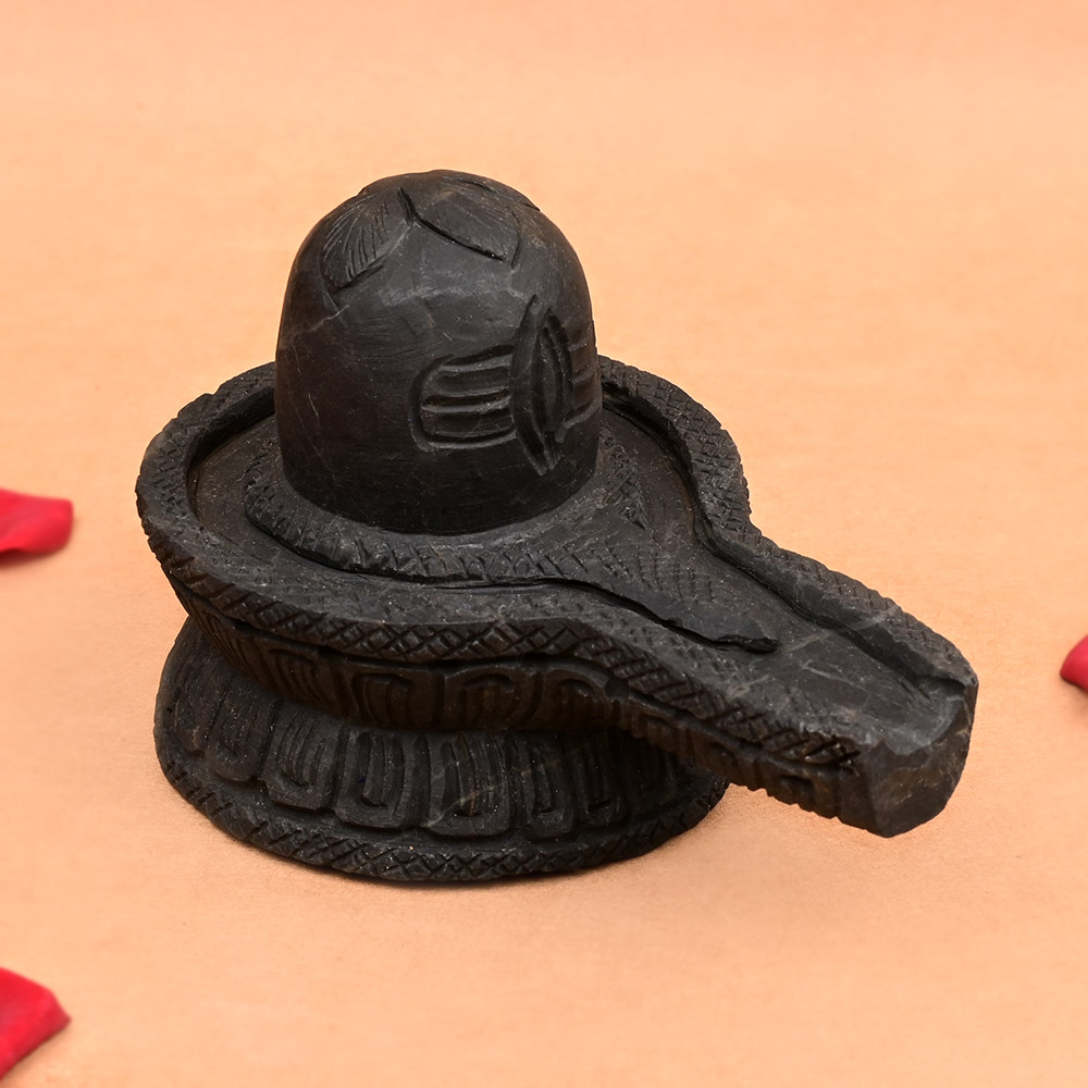 Shivaling Shaligram With Tripund, Snake & Bel Patra Engraving - 627 gms