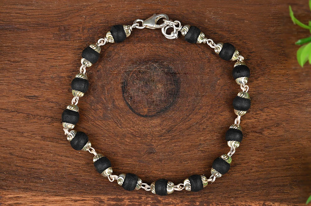 Black Tulsi 925 Silver Designer Caps Bracelet