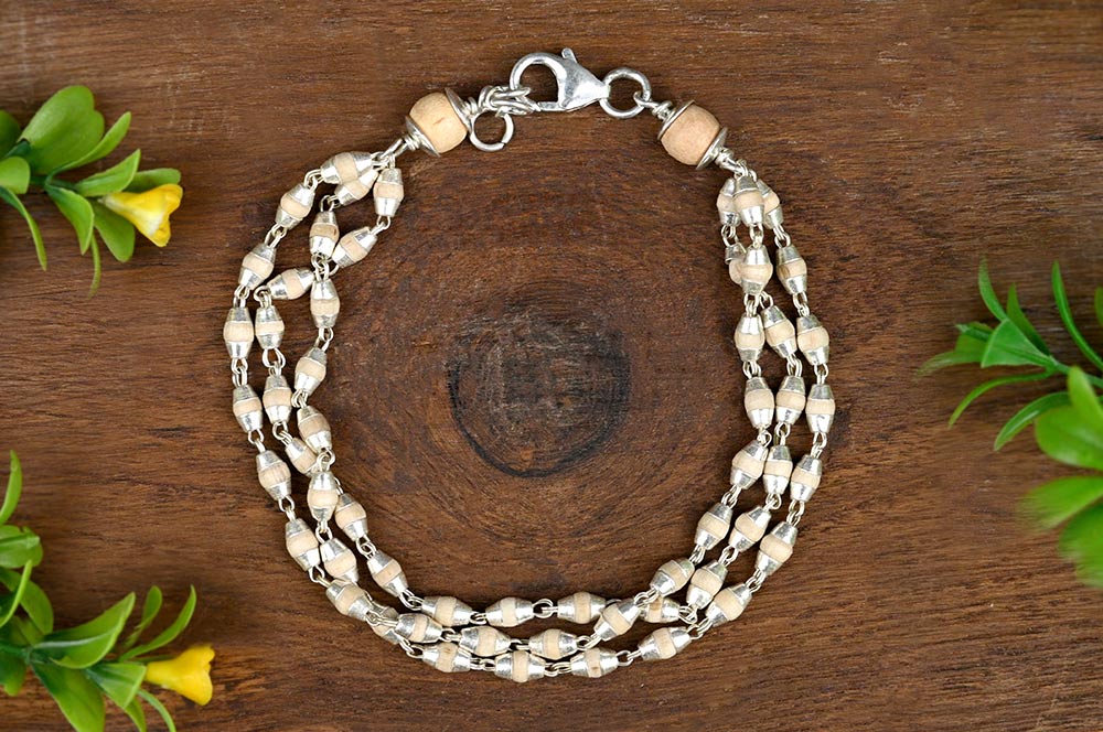 Triple Layer Tulsi 925 Silver Conical Caps Bracelet