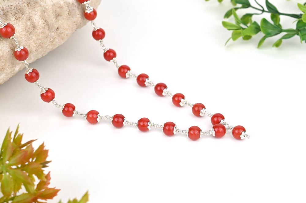 Red Coral 925 Silver Flower Caps Mala