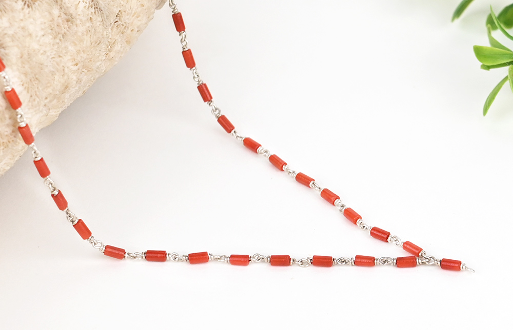 Coral Cylindrical Beads Mala in 925 Silver Wire
